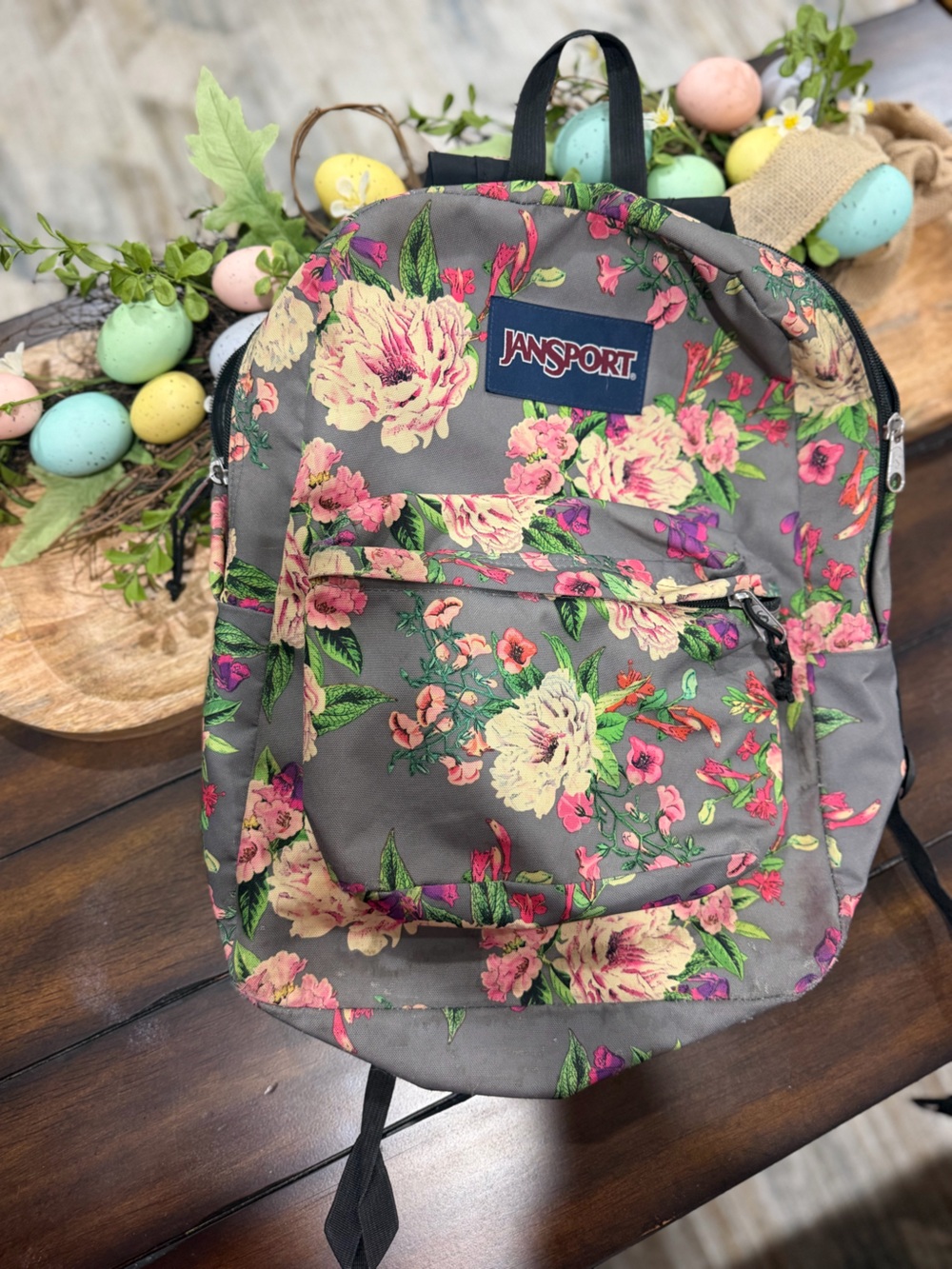 Jansport Floral Backpack in Gray with Pink & Cream Flowers